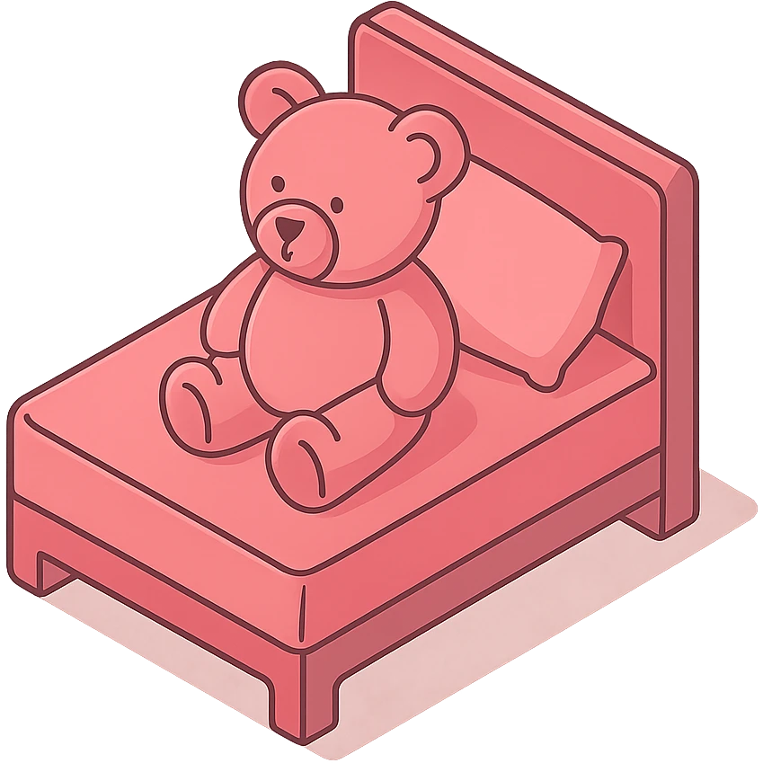 Add a cute teddy bear sitting on the bed, keep the minimalist isometric style and pink color, no background. emoji