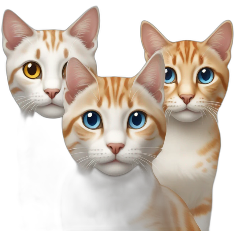 three cats, 1 lynx point with blue eyes, 1 orange and white tabby with yellow eyes, 1 all orange with orange eyes emoji