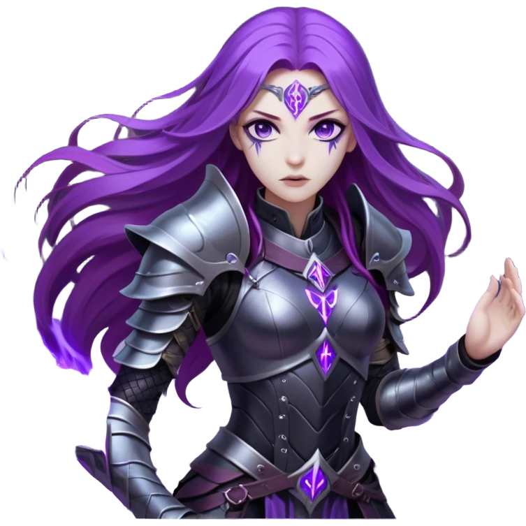 A mysterious warrior girl with long, flowing purple hair catching the dim light. Her glowing violet eyes stare forward, unwavering. She wears sleek black armor, adorned with silver runes that pulse faintly with hidden power. A dark mist swirls at her feet, hinting at the energy she commands. emoji