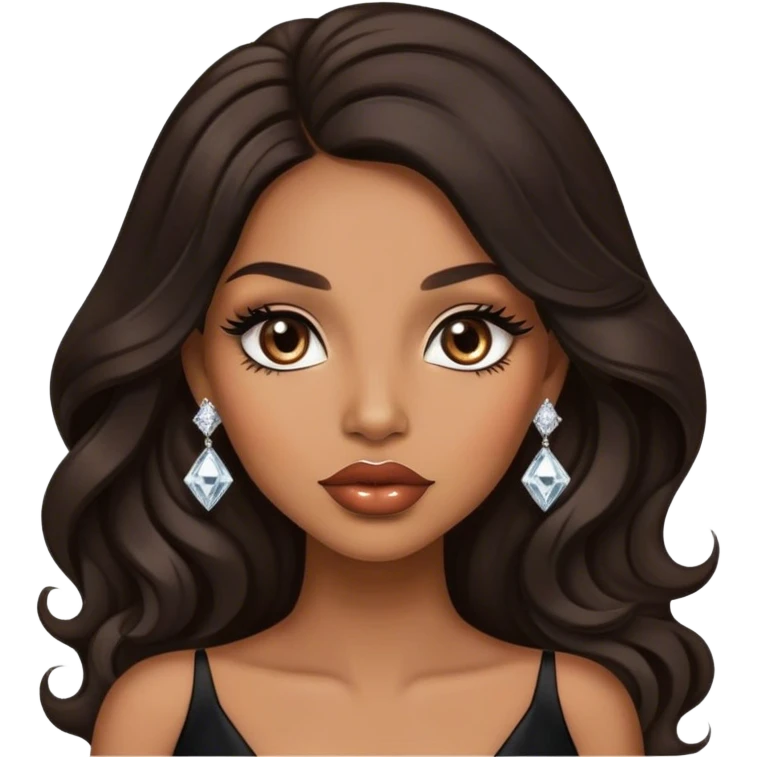 light brown skin tone, very beautiful woman, with big plump lips, long long lashes, black wavy long hair, brown eyes, black dress, diamond earrings emoji