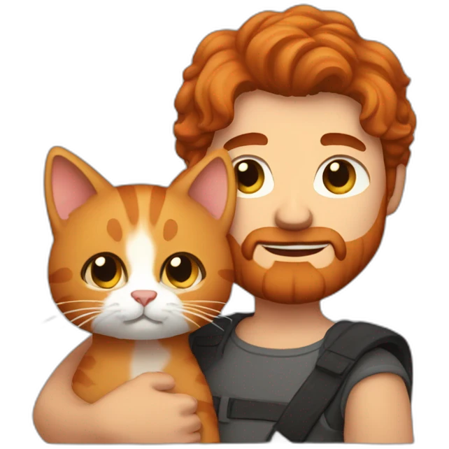 Michael with his red beard and dark brown hair holding his ginger cat in his arms emoji