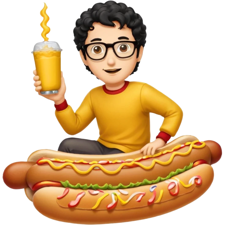A curly hair man with glasses riding a hot dog weiner emoji