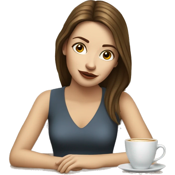 Side view realistic posh brown straight haired pale woman sits at the coffee table emoji