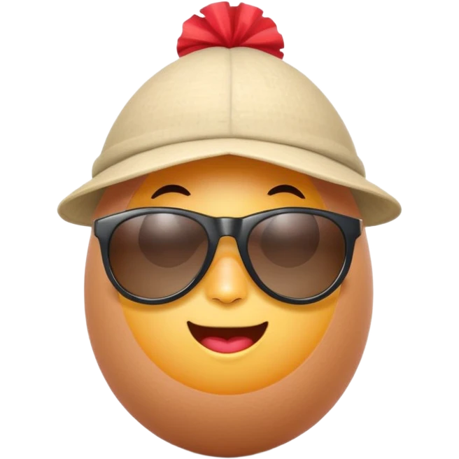 a funny, proud cartoon-style egg character wearing sunglasses and a small fan cap , solid orange background. emoji