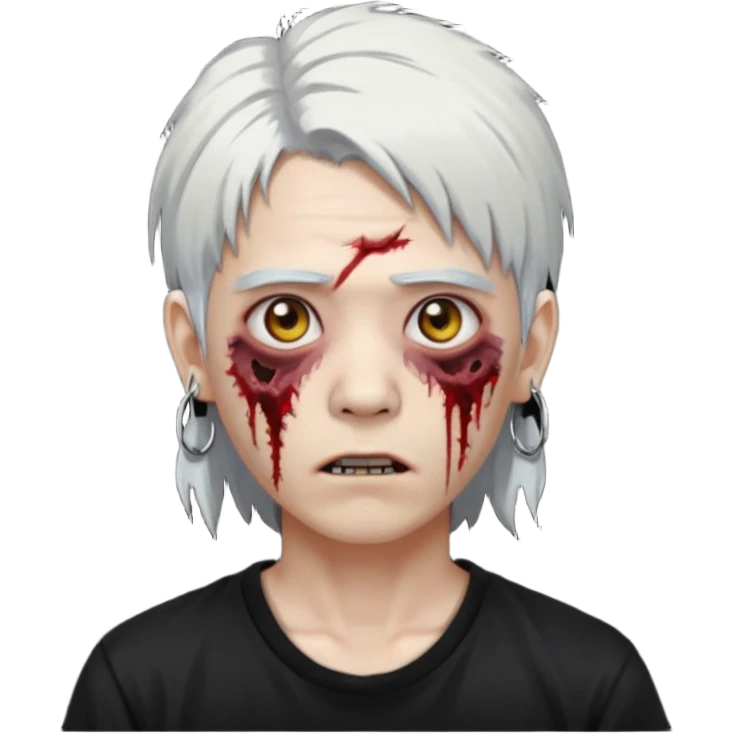 ok make a zombie avatar that has pale skin more like zombie not human, young, asian, mullet hair, white hair with hoop earrings wearing just a black T shirt white blood from the eyes, p emoji