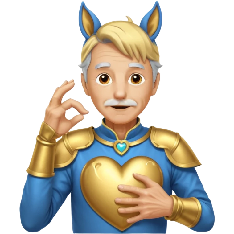 An elderly man with golden skin, his body shining like polished metal, wearing a horse cosplay costume with horse ears and a tail. He is making a heart shape with his hands and blushing slightly, showing a shy and embarrassed expression. emoji
