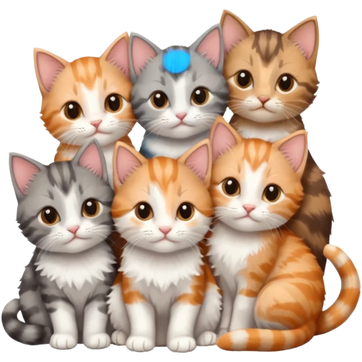 6 tiny kittens cuddling together all various different natural colours including grey and white, ginger and white, calico, grey, and brown tabby and white emoji