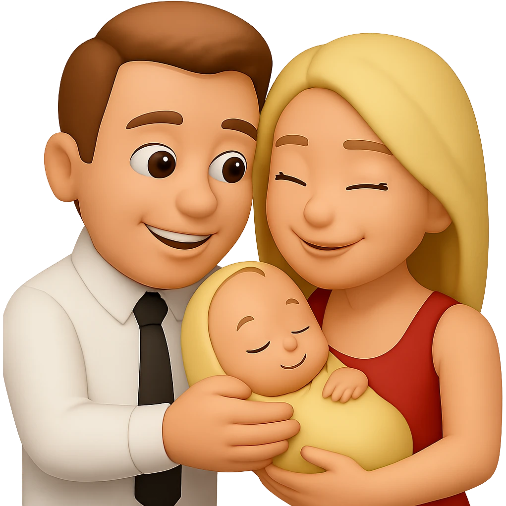 Edit the two emoji characters to hold a baby together, both smiling and looking at the baby with affection. Maintain a transparent background. The style should resemble the original emoji style but use the general editor for best editing support. emoji