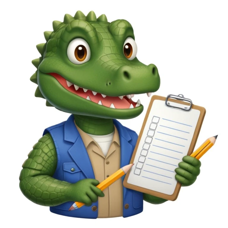 A gator with a clipboard and a pencil, offwhite background emoji