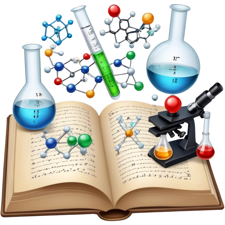 Icon for Scientific and Educational Reading: an open book with mathematical and physical formulas on the pages, with molecules and atoms flying out. On the desk are test tubes, flasks, and a microscope. Transparent background. emoji