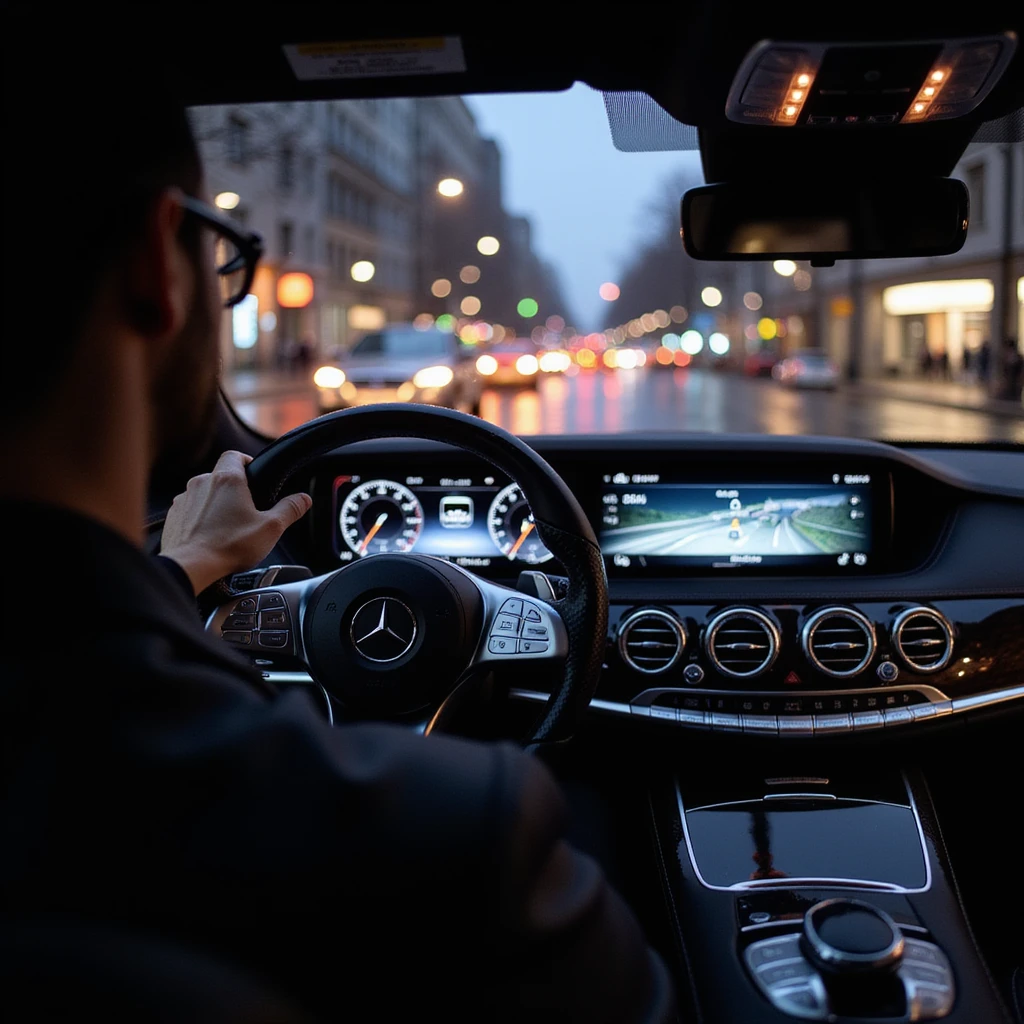 Mercedes S-Class 2024 inspired interior, first-person view from behind the steering wheel, left hand on wheel, night driving in Bucharest, ambient lights, illuminated digital dashboard, city traffic ahead, rainy windshield, no text or misspellings, photorealistic emoji