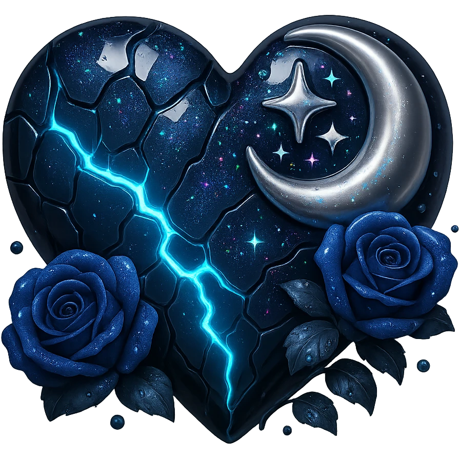 Edit the image to depict a gothic heart with splintered deep blue glass, silver crescent moon, midnight blue roses, holographic stardust, neon lightning, wet look. The style should resemble 3D emoji style. Remove the background. emoji