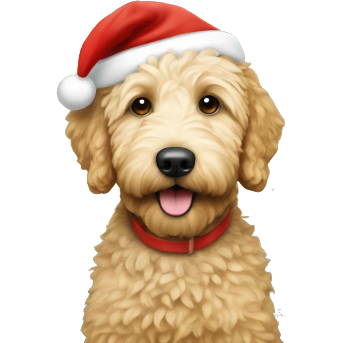 Small golden doodle wearing a Santa hat under a Christmas tree emoji