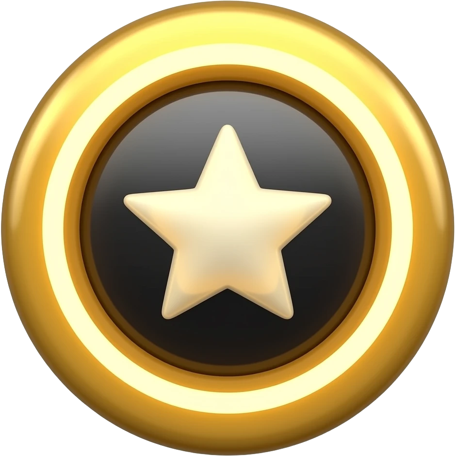 Glossy 3D golden one layer circular badge with a glowing ring, dark center, and a soft cream five-pointed star in the middle, minimal, shiny, high contrast on black background. emoji