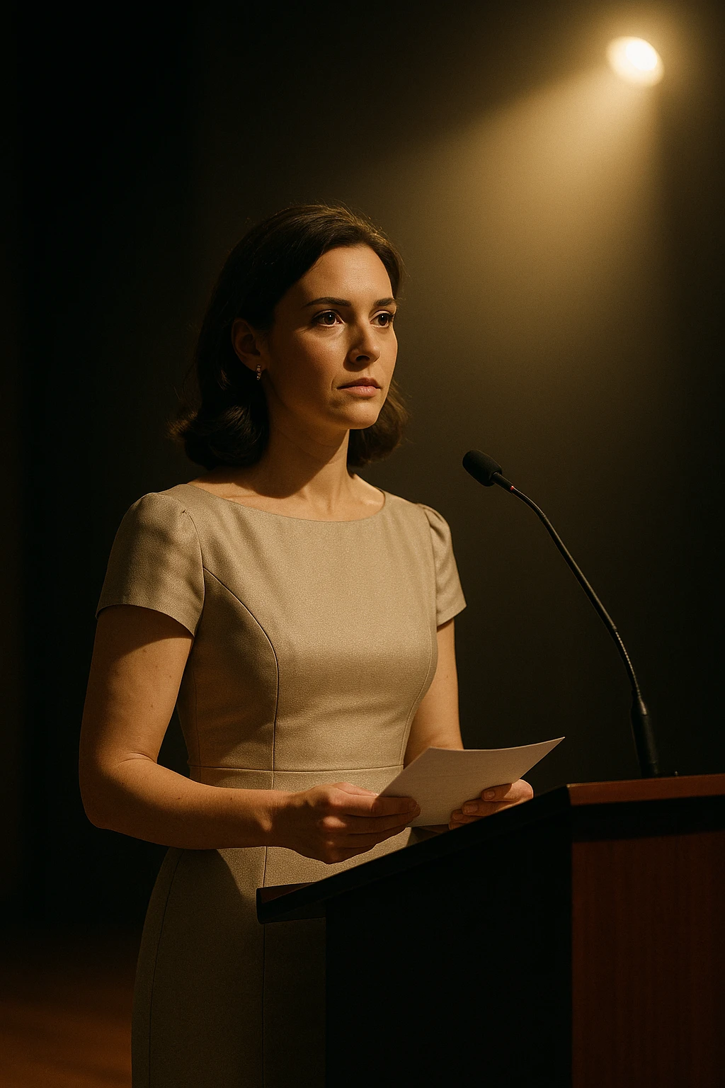 a female speaker at an event standing at a podium, formal setting, spotlight on the speaker, elegant dress, holding notes emoji