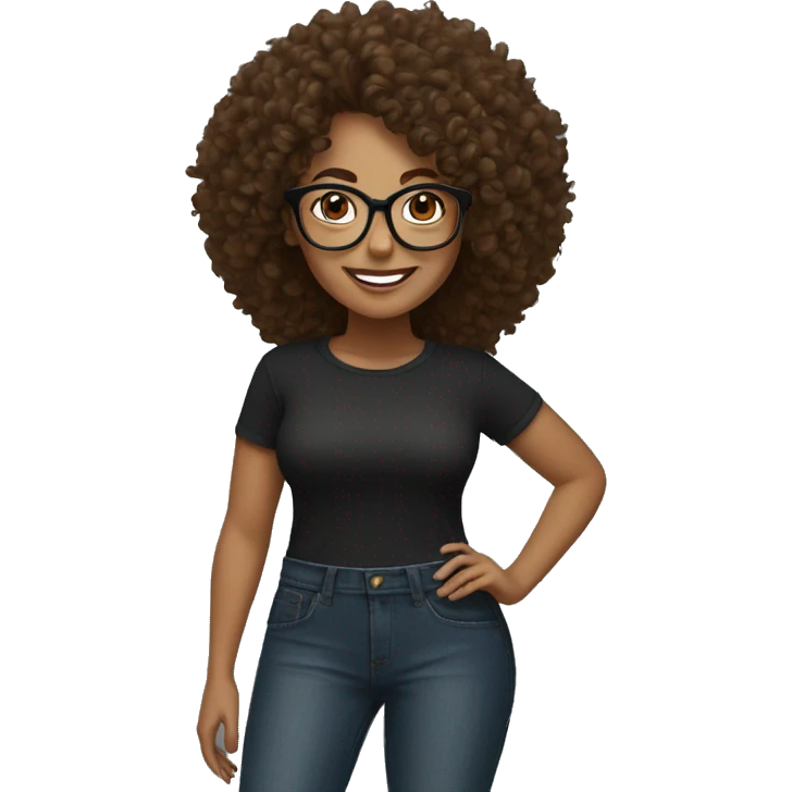 Woman with big curly hair with glasses in black blouse smiling with brown eyes in jeans and sneakers emoji