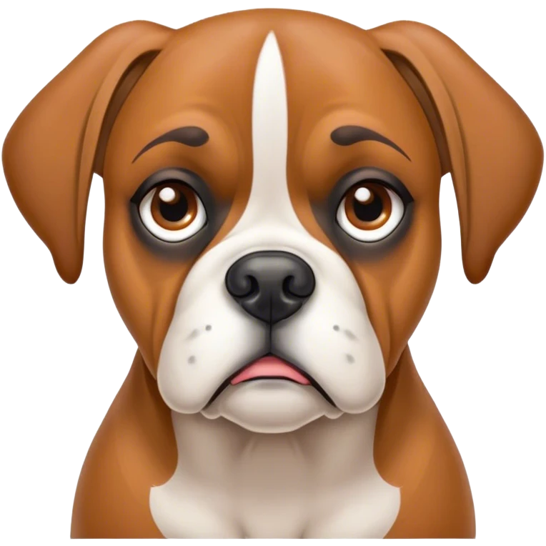 Cinematic Grumpy Fawn Boxer Dog Portrait Emoji, Head tilted slightly with a deeply unimpressed expression, showcasing a robust fawn coat with a prominent white muzzle and chest, large, droopy brown eyes narrowed into an unamused glare, ears slightly drooping in exasperation, Simplified yet comically expressive features, highly detailed, glowing with a dry, sarcastic glow, high shine, effortlessly judgmental yet dignified, stylized with a touch of cynicism, bright but brooding, soft glowing outline, capturing the essence of an eternally unimpressed yet endearing guardian, so lifelike it feels like it could sigh heavily at you in disdain at any moment! emoji