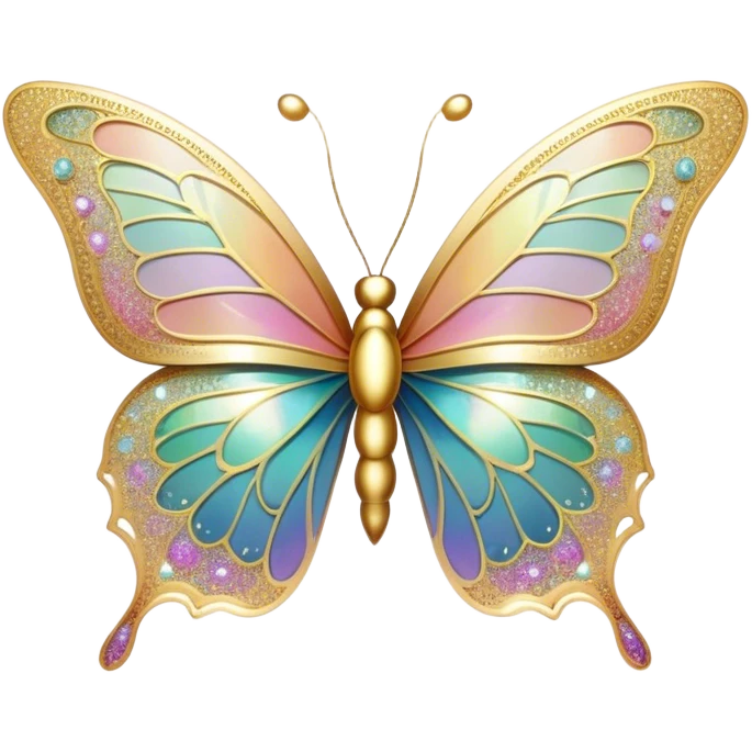 Pastel sparkly gold glittery iridescent rainbow transparent butterfly with detailed intricate patterns emoji