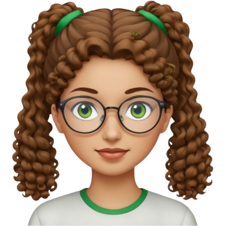 iranian woman, tight curly light brown hair in pony tail, glasses, green eyes, pretty, oval shape face emoji