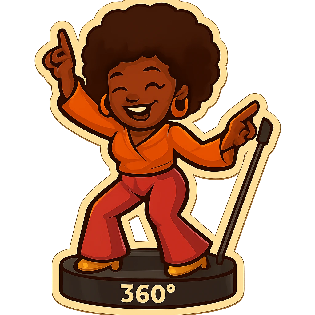 Place the disco emoji of a female African American on a 360 photo booth platform, as if she is dancing on it. Keep the style fun and retro, matching the original disco emoji style. emoji