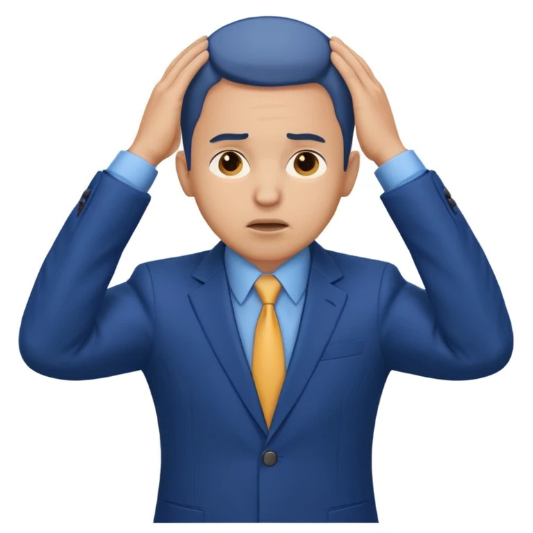 businessman in a blue suit, stressed expression, holding head, neutral background emoji