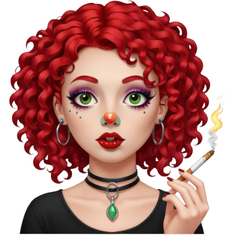bright red curly hair alt girl with dark makeup and gauged septum, eyebrow and nose piercings smoking weed emoji