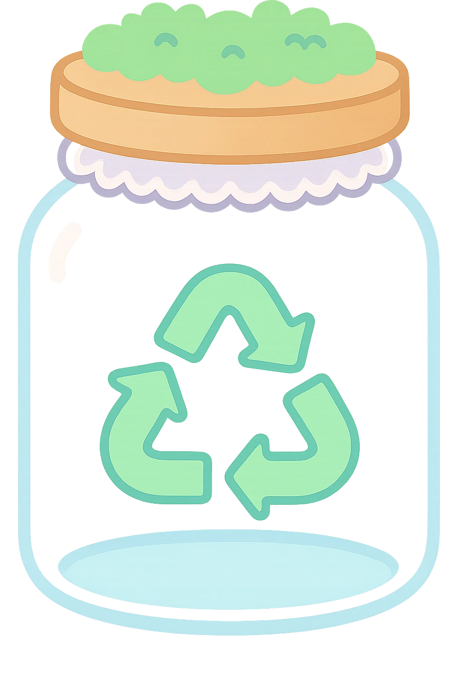 empty glass cookie jar with wooden lid, lace trim, moss decoration, recycling symbol on front, cozy whimsical homey cottagecore style, no text, transparent background emoji