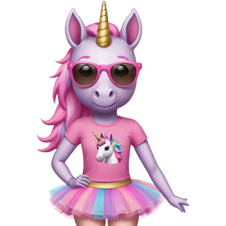 friendly anthropomorphised female unicorn with horse-like face, in tutu and pink t-shirt, wearing dark sunglasses, standard pose, close-crop head and shoulders portrait emoji
