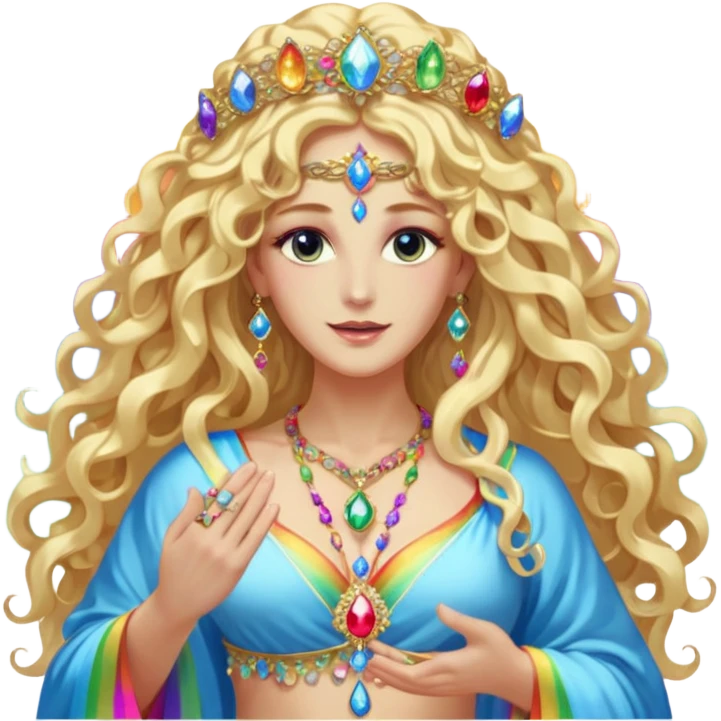 a being made of light pleidian nordic long faces and curly huge thick blond hair but beautiful features of light wearing jewels and a rainbow halo like a saint arount her a robe on made of light and gem  transparent belly dancer and who is lanky holding a bouquet of crystal flowers on rainbow fire emoji