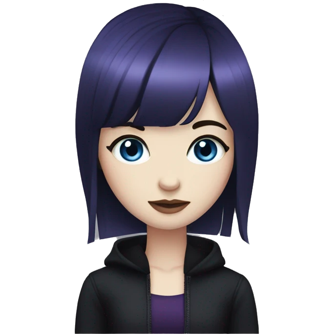 girl, pale skin, blue eyes, dark purple hair, bangs, black clothes, eyeliner emoji
