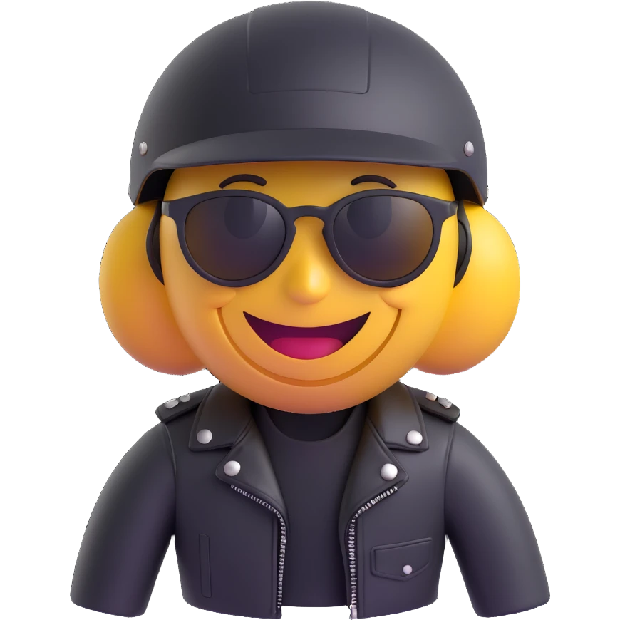 3D smiley emoji, round shape, classic motorcyclist: black leather jacket, helmet, sunglasses, funny face emoji