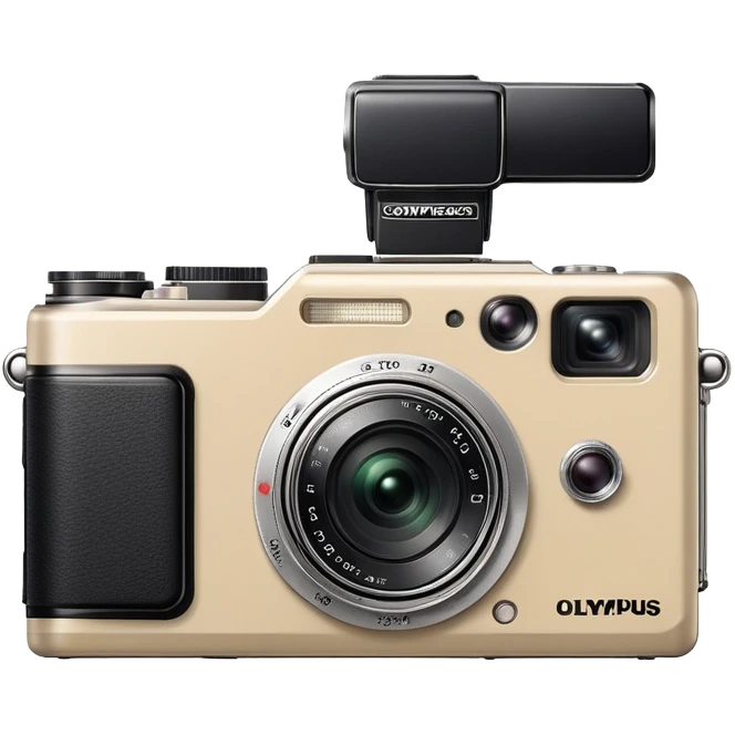Olympus Superzoom 70G camera, beige color, vintage compact point and shoot camera with distinctive rectangular body, small viewfinder, protruding flash unit on top, and the exact silhouette of Olympus Superzoom 70G with its characteristic shape emoji