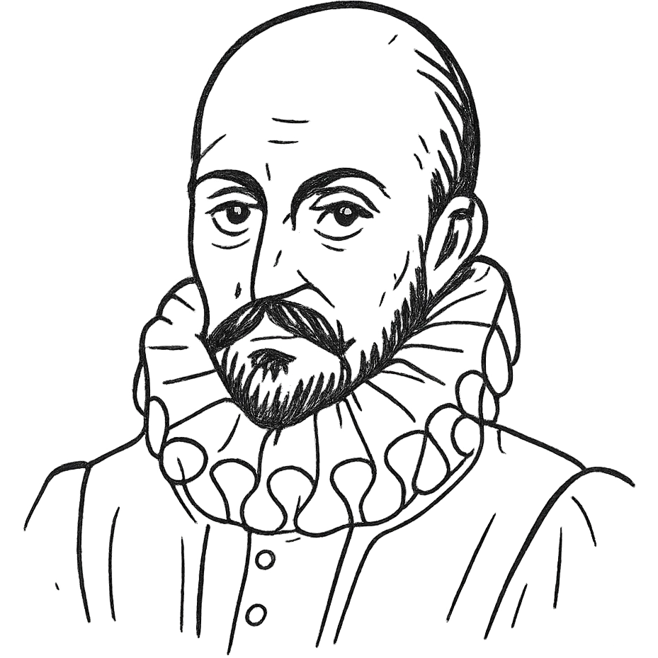 a hand drawn black outline portrait of philosopher Montaigne with similar-sized eyes based a famous portrait of him emoji