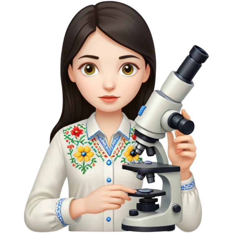Ukrainian girl with dark hair in traditional embroidered shirt holding a microscope emoji