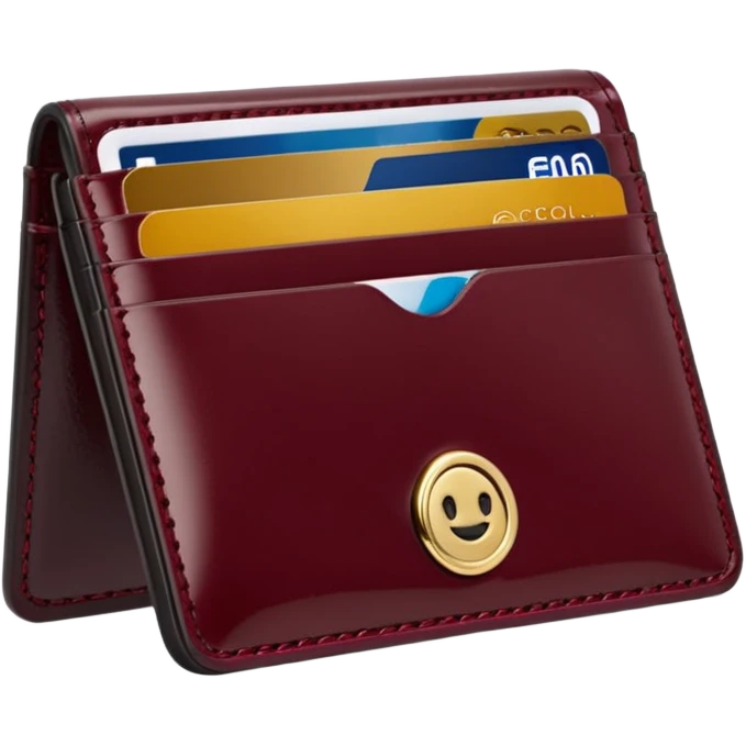 A professional studio photograph of a high-quality, slim leather card holder. The card holder is in [deep Burgundy color with a high-gloss patent enamel finish, reflecting light like a jewel .It features precise stitching and minimalist, elegant metal hardware emoji
