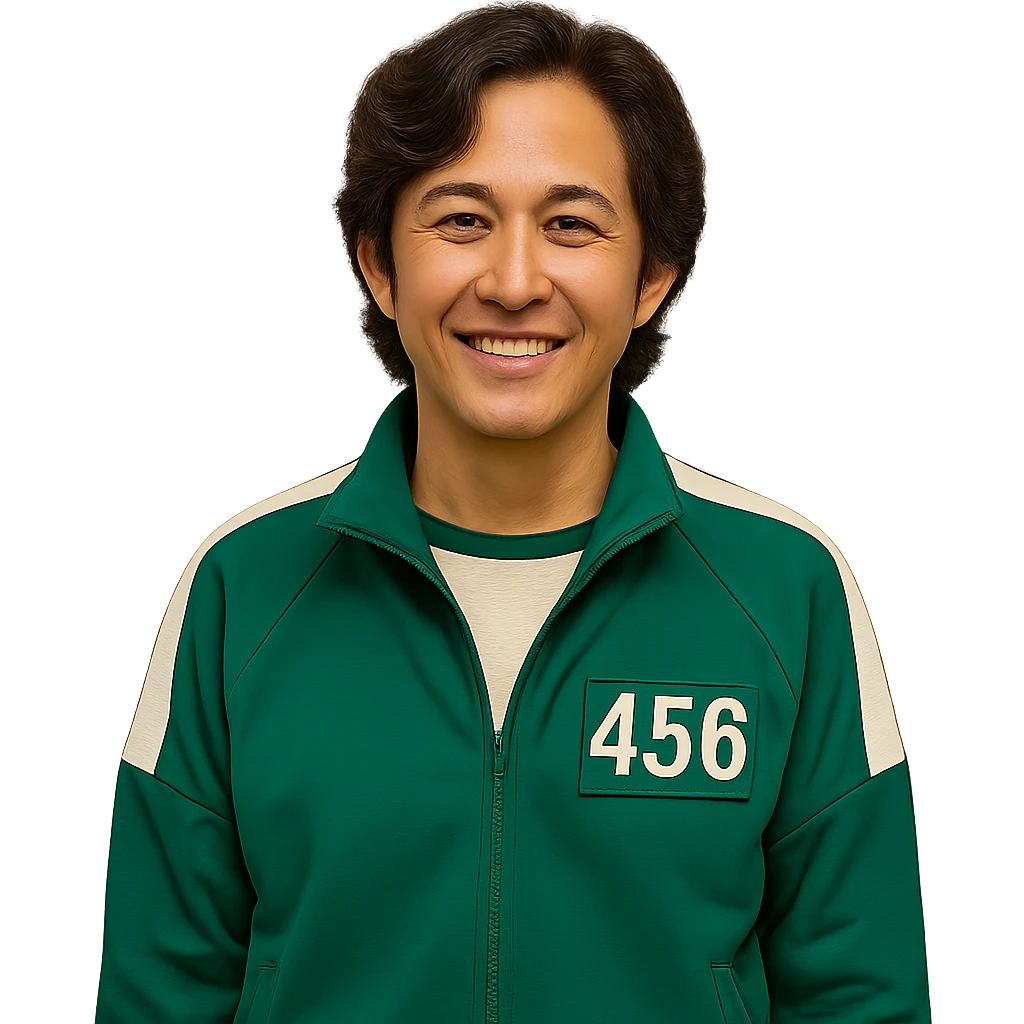 Edit the main character from Squid Game series wearing a green tracksuit with number 456, smiling in a neutral pose. Keep the original style and minimal background. Remove the background entirely. emoji