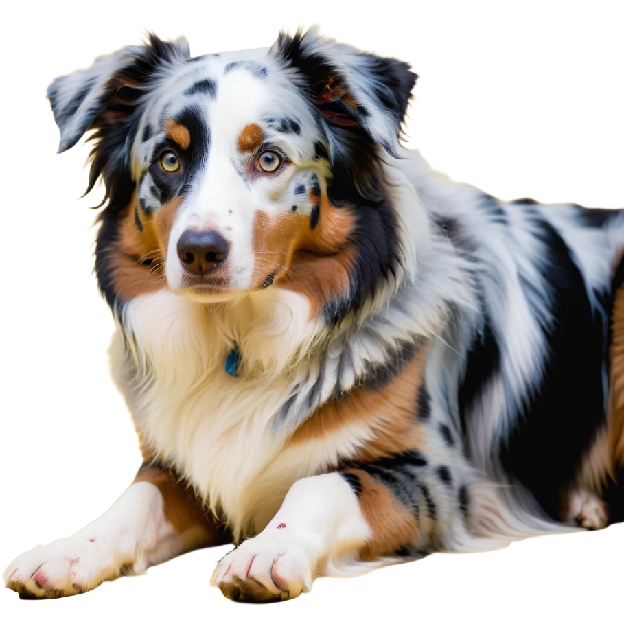 Merle Australian Shepherd dog laying down, blue merle coat, relaxed emoji