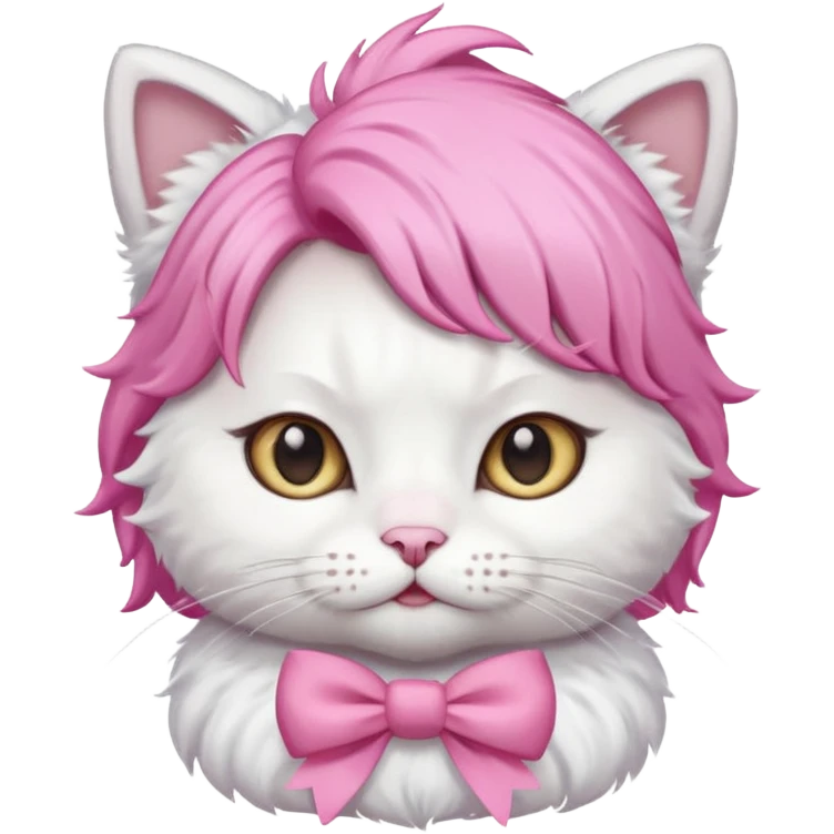 White cat wearing pink wig and bow emoji