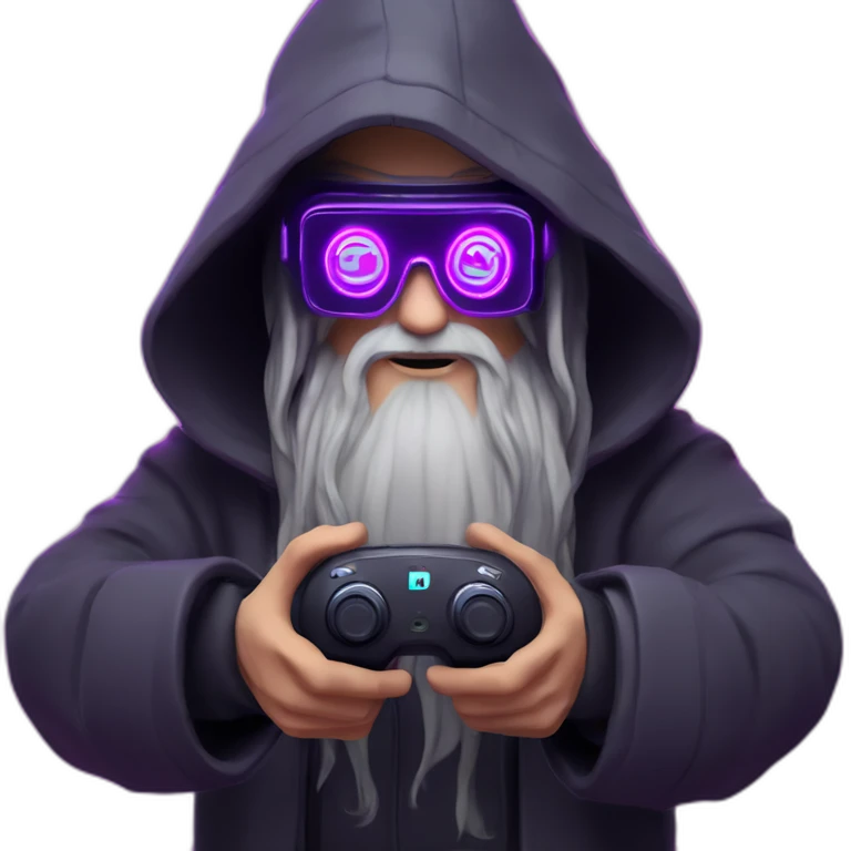 Gandalf wearing a black hoodie with "OMG" letters on it and VR headset in a cyberpunk VR environment with violet neon lighting. emoji