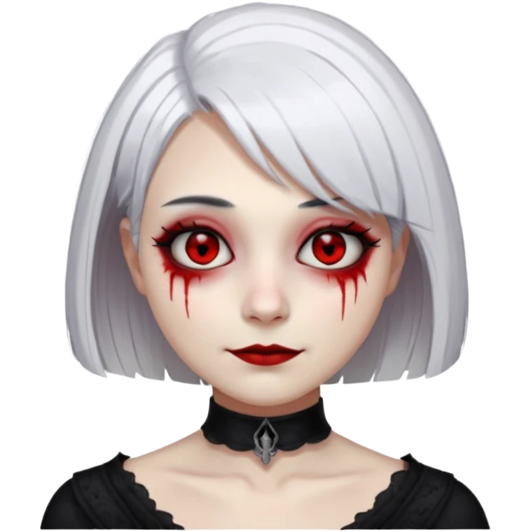 female, unnatural eye color with veiny eyes, sickly skin texture combined with an unnatural creepy smile, liminal setting that feels wrong, uncanny eerie art style, scary femme fatale, bob cut, mole under eye, white hair, red iris, black mascara, black eyeshadow, Gothic white skin, emoji