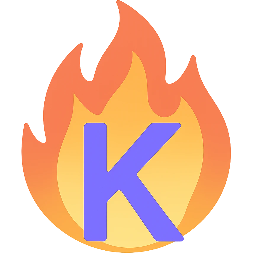 vibrant letter 'K' in color surrounded by stylized fire exaggerated to look dramatic and expressive emoji