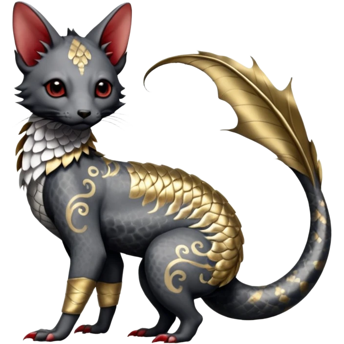 Japanese oriental Asian Edgy badass swimmy wet painted intricate ornate Japanese Asian koi-Minccino-Lykoi-Emolga-Sphynx-Linoone-Zangoose-fusion-hybrid-animal-Fakémon-creature, full body, thin long sleek scaly tail, intricate markings emoji