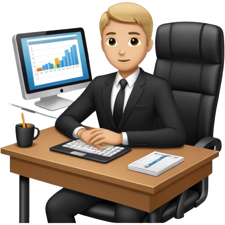 a business man wearing a black suit sitting on his office day trading emoji