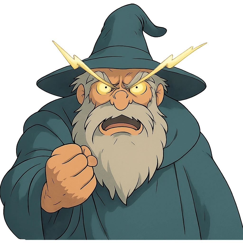 ghibli style angry wizard with lightning eyes and a balled up fist emoji