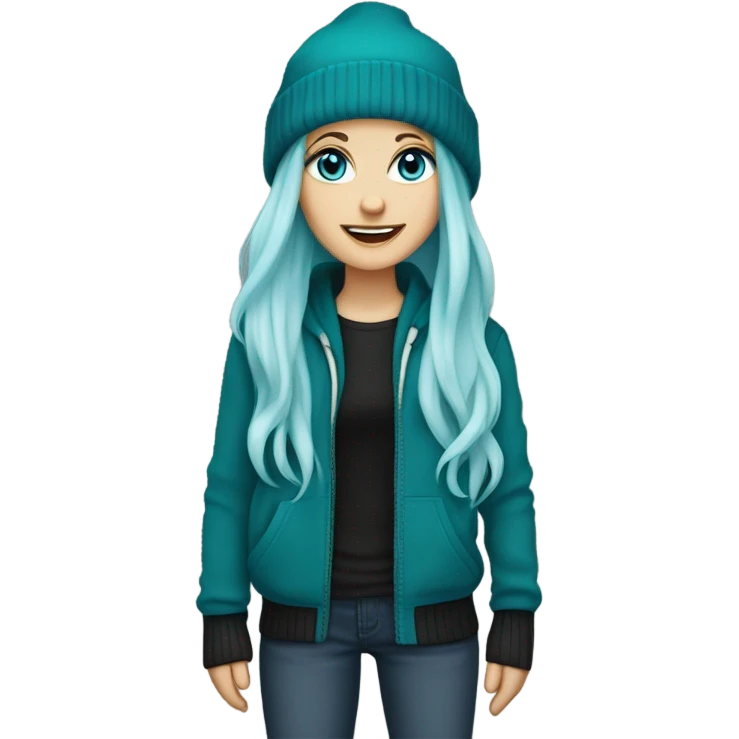 White girl, blue eyes, long teal hair, purple beanie hat, black hoodie, blue jeans, black shoes emoji