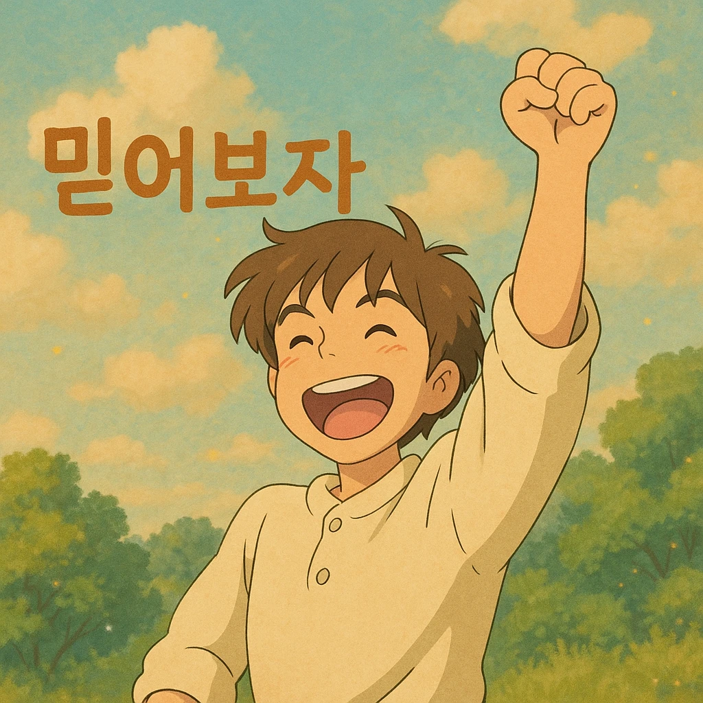 a person cheering with their hand, with the text '믿어보자', ghibli-inspired illustration style emoji