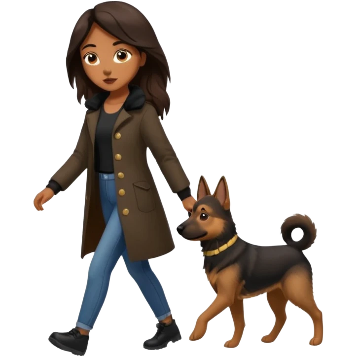 a girl with a brown dark long long hair, she's walking her dog is a german shepard. And girl's outfit is very aesthetic emoji