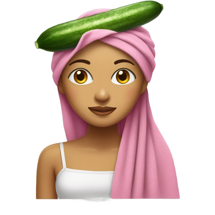 Latina girl with pink towel on head and cucumber on eyes emoji