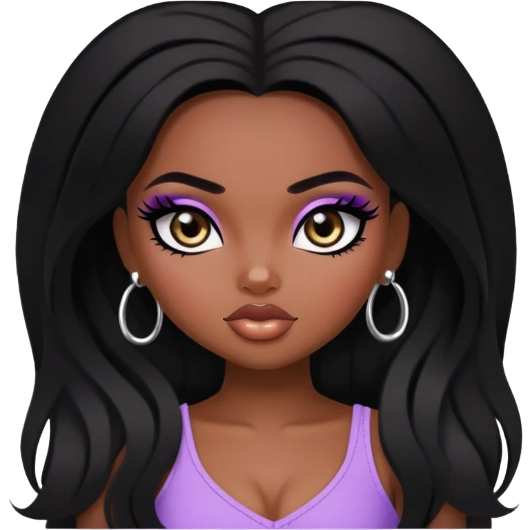 pretty bratz baddie, black eyeliner, dark skin, black hair, black  eyes emoji