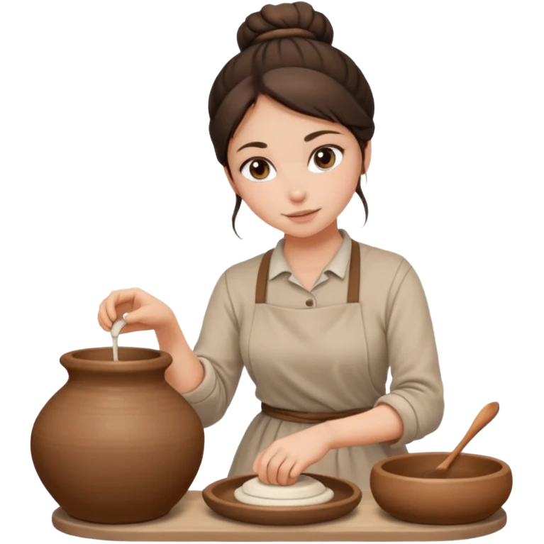 Brunette girl with a bun, behind the potter's wheel, wearing neutral clothing emoji